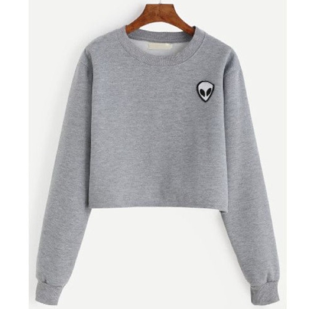 Grey Alien Embroidered Crop Sweatshirt